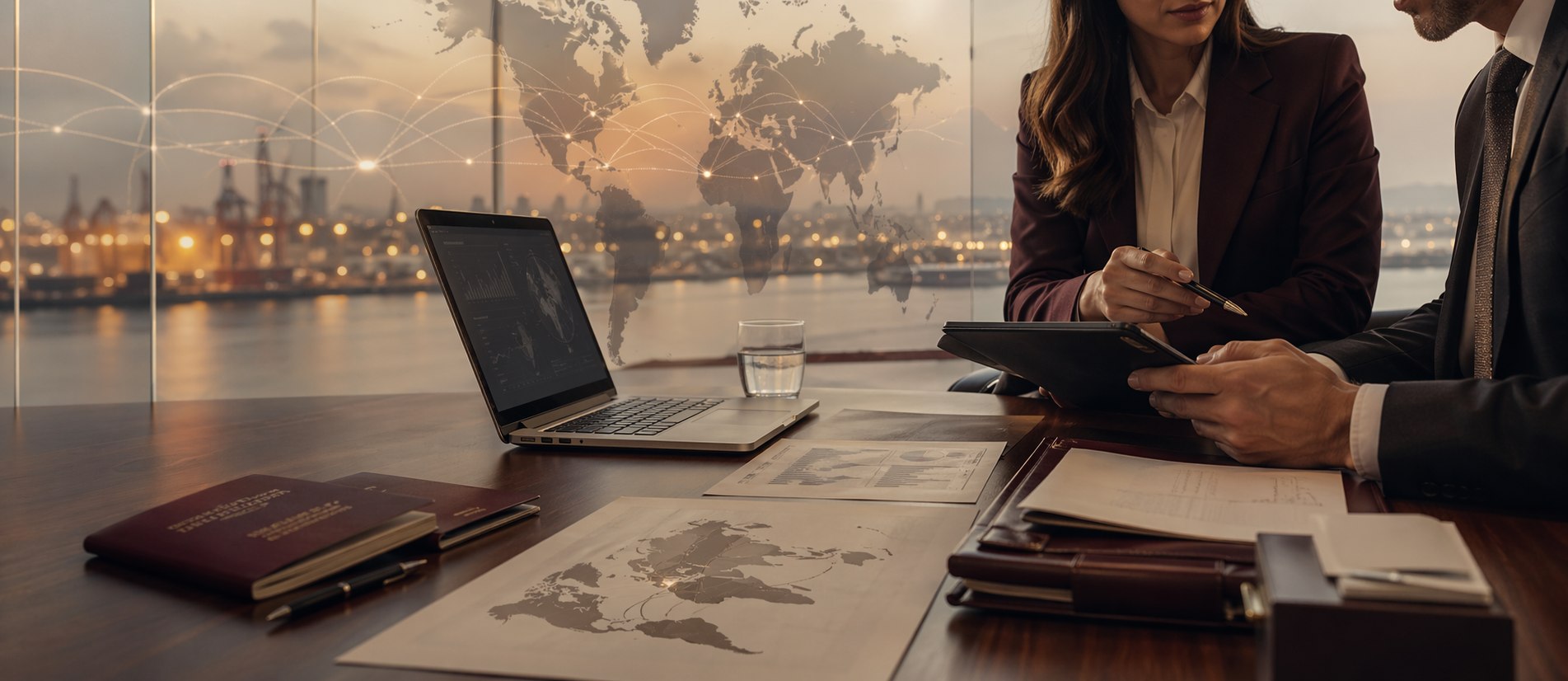 Cross-border strategy meeting with international legal materials